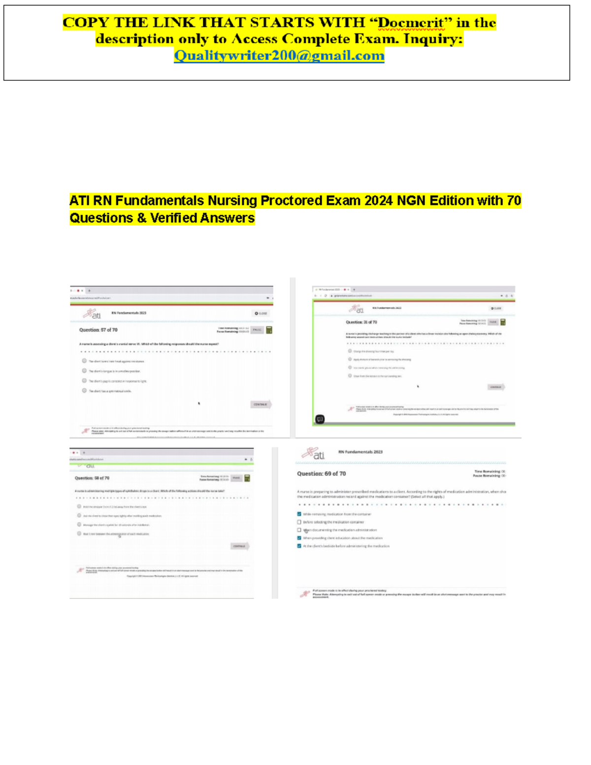 RN ATI Fundamentals Proctored Exam 2023- 2024 NGN Edition with 70 ...