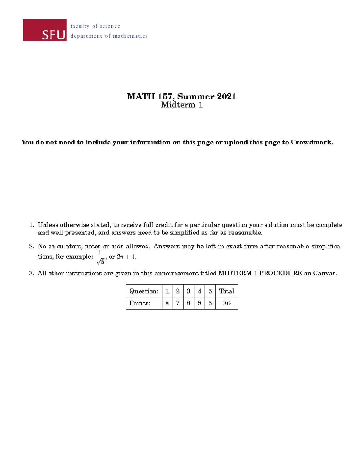 Practice Math Midterm 2 - MATH 157, Summer 2021 Midterm 1 You Do Not ...