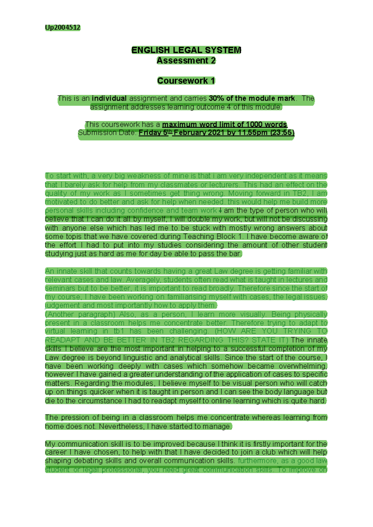 ELS Coursework.docx copy - ENGLISH LEGAL SYSTEM Assessment 2 Coursework ...