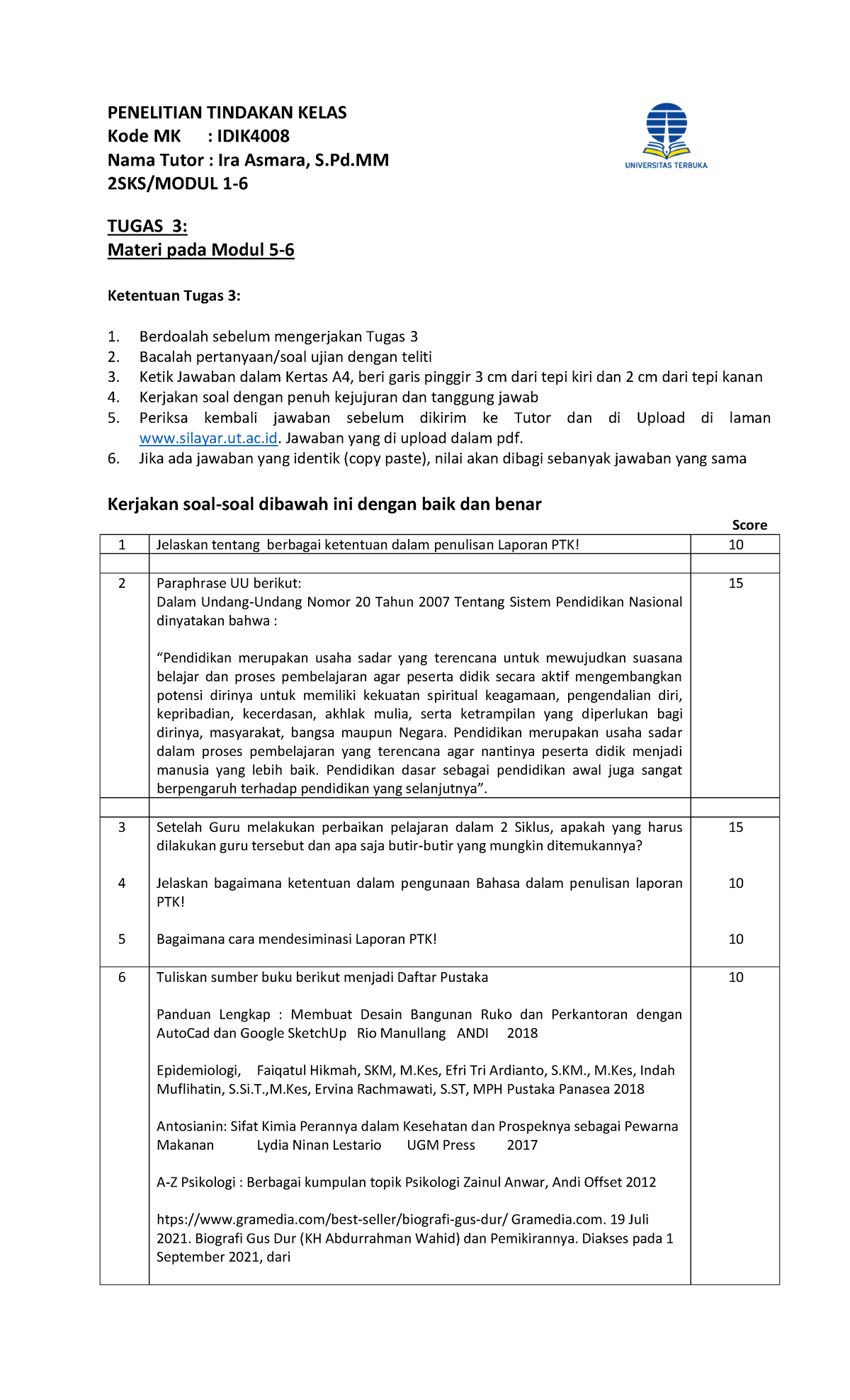 Penelitian Tindakan Kelas-Tugas 3 - PENELITIAN TINDAKAN KELAS Kode MK ...