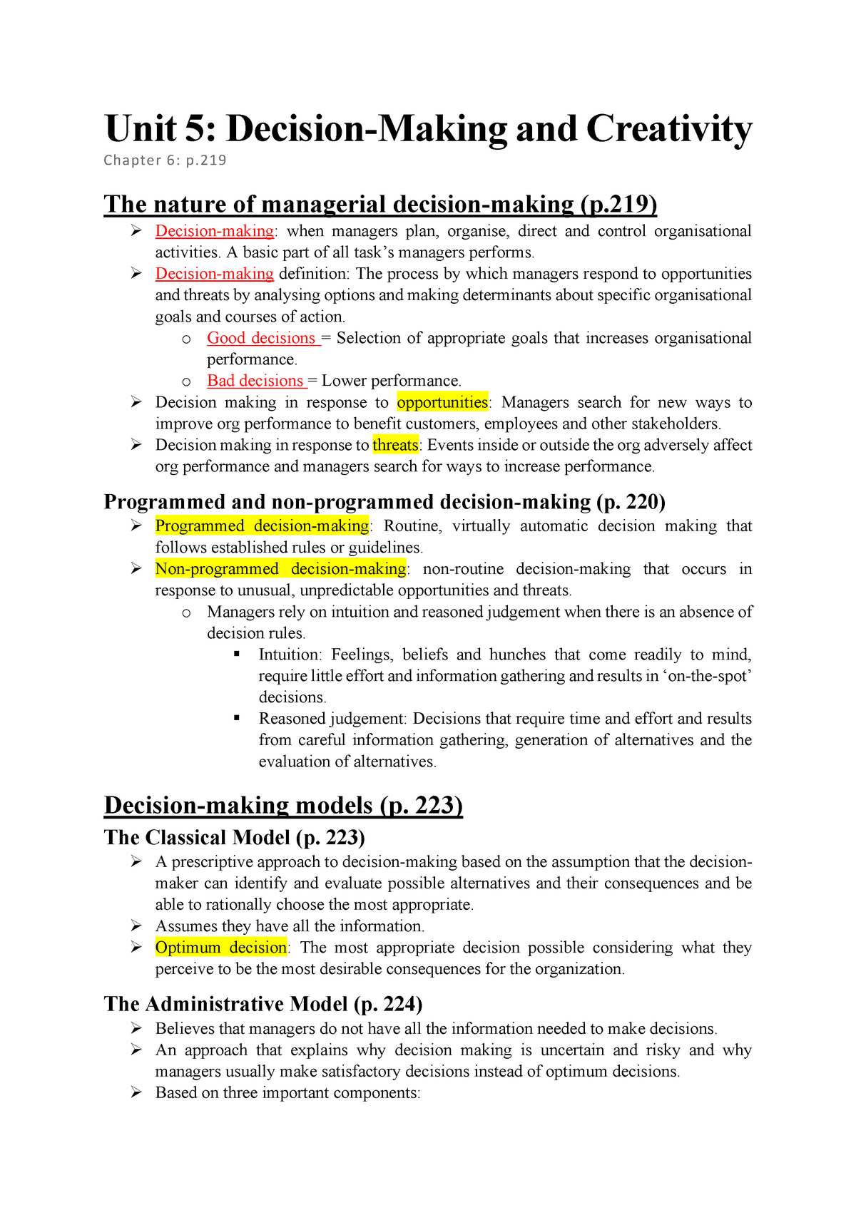 Unit 5 - Decision-Making And Creativity (Chapter 6) - A Basic Part Of ...