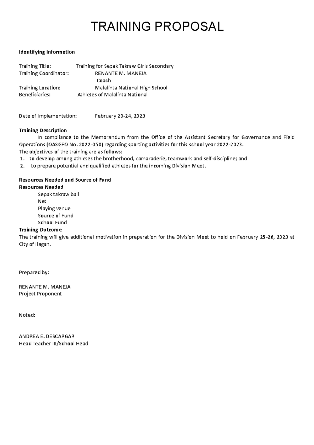 Training Proposal for athletes - TRAINING PROPOSAL Identifying ...