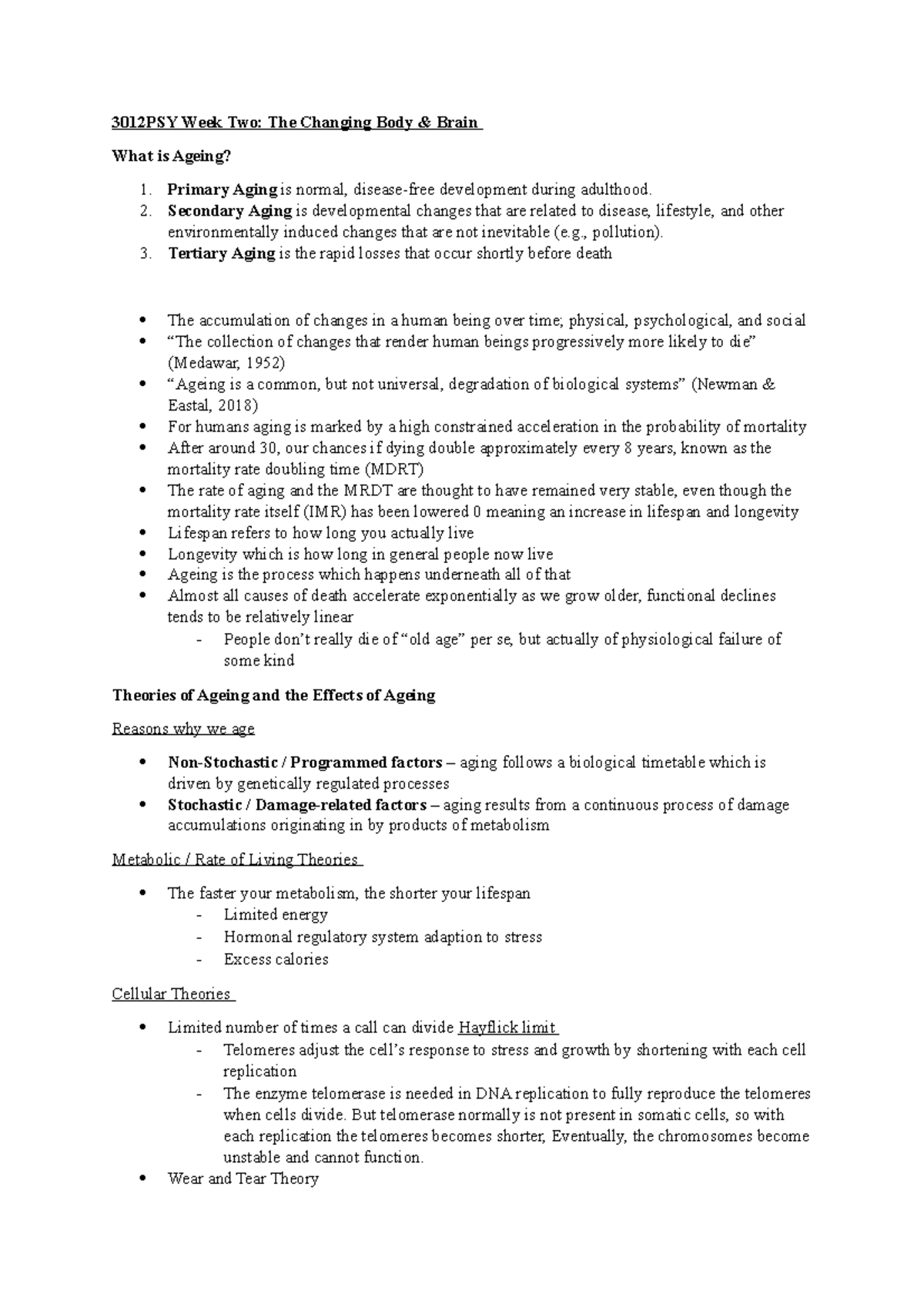 3012PSY Week Two - Lecture notes - 3012PSY Week Two: The Changing Body ...