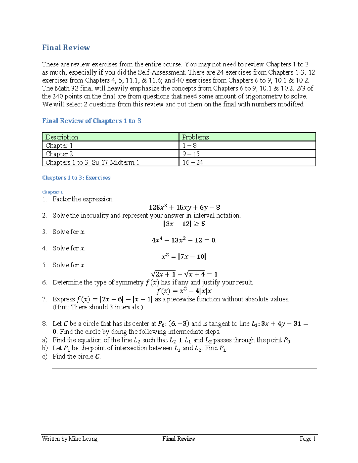 Final Exam Review - Final Review These Are Review Exercises From The ...