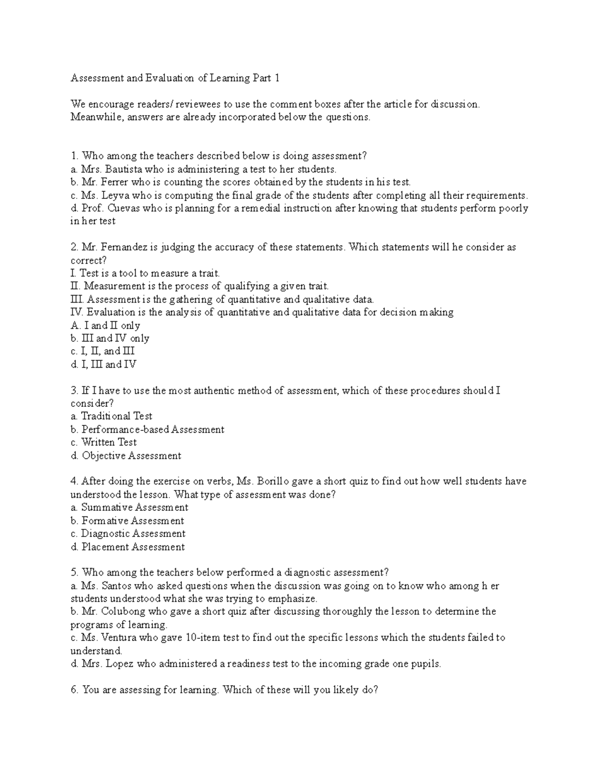 Assessment and Evaluation of Learning Part 1 - Meanwhile, answers are ...