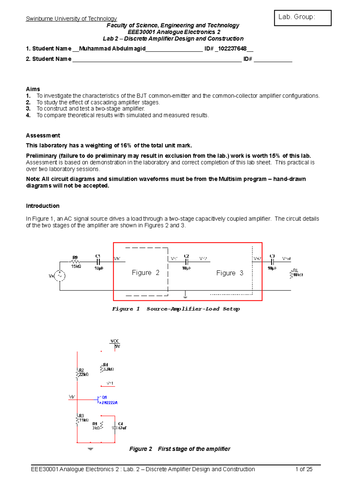 Lab 2 analog electronics 2 Swinburne University of Technology Faculty