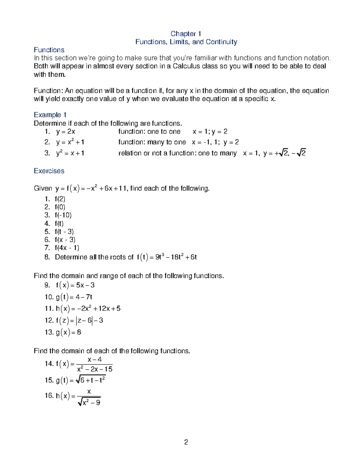 Calculus: Functions Topics - 2 Chapter 1 Functions, Limits, and ...