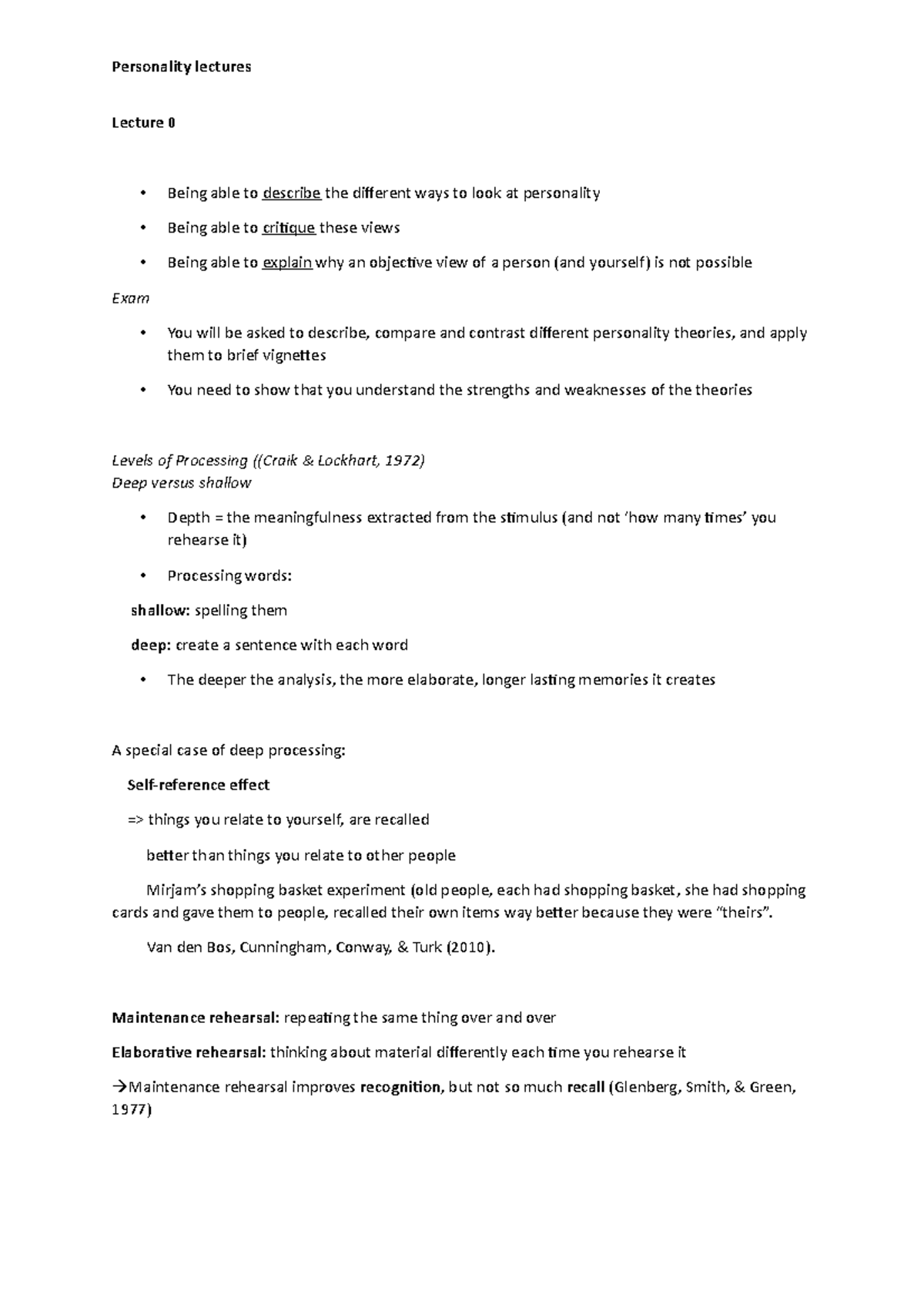 Lecture 1 personality - Personality lectures Lecture 0 • Being able to ...