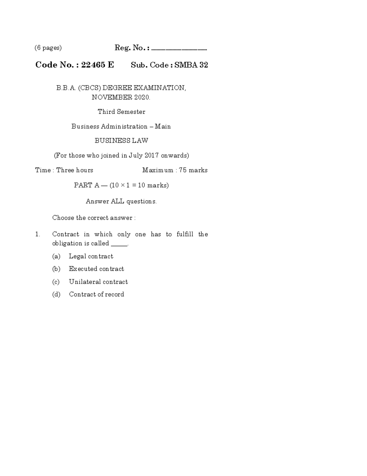 Business Law Question Papers Reg. No