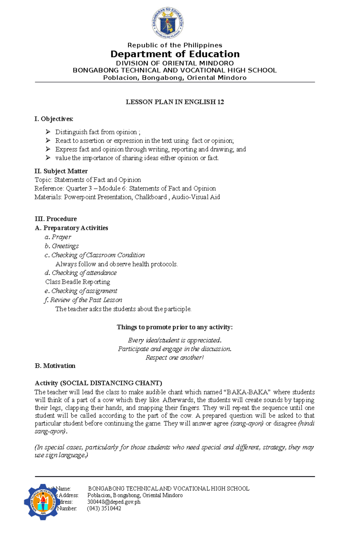 Lesson PLAN About FACT OR Opinion Department Of Education DIVISION OF 