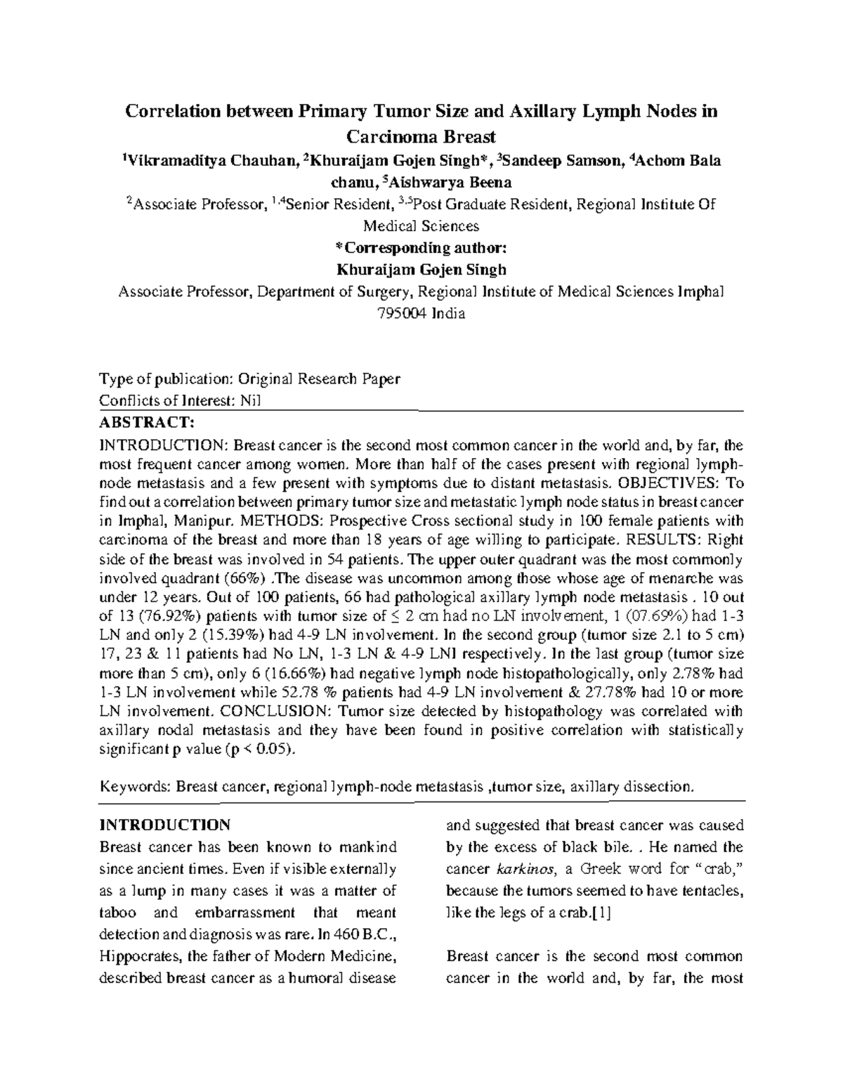 Correlation between Primary Tumour Size and Axillary Lymph Nodes in ...