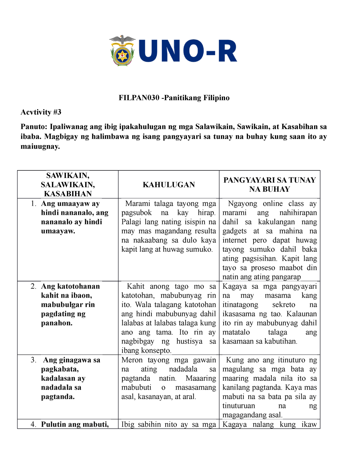 Activity 3 Sawikain Salawikain Kasabihan Filpan030 Panitikang Filipino Acvtivity Panuto 5229