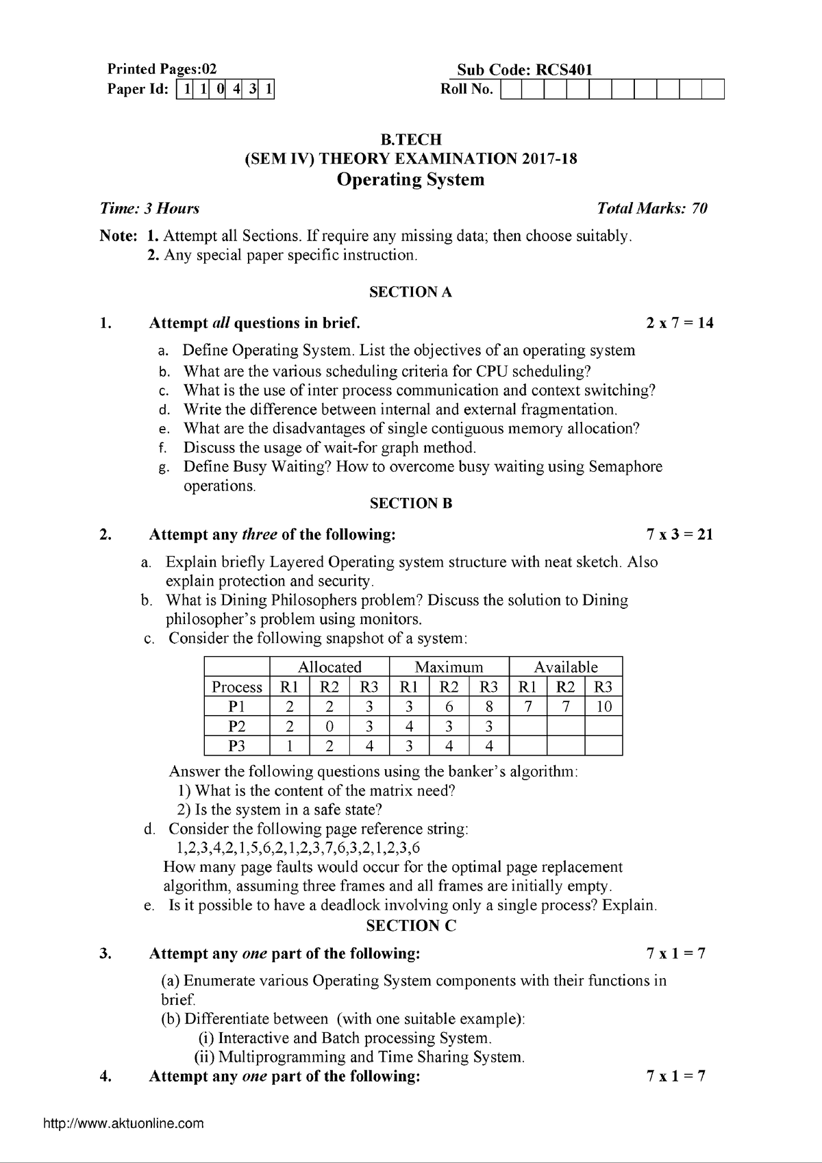 Btech Cs 4 Sem Operating System Rcs 401 2017 18 - B.Tech CSE (2nd Year ...