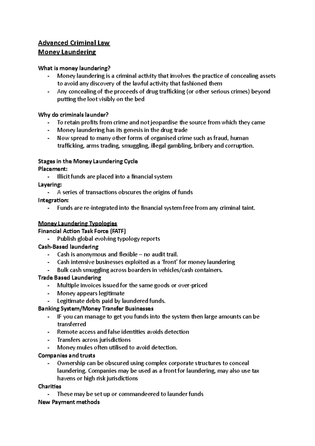Money Laundering Notes Advanced Criminal Law Money Laundering What Is