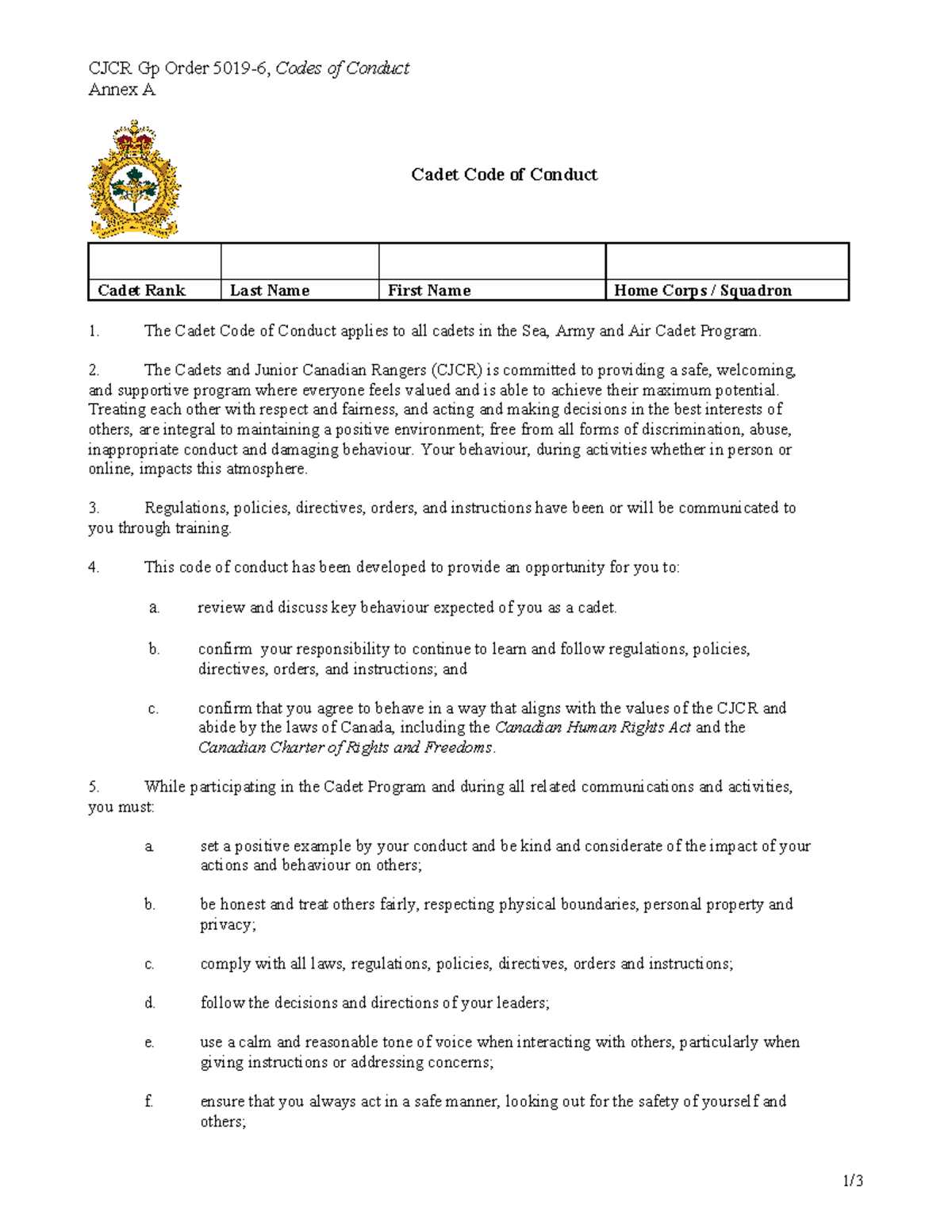 Cdt Code of Conduct ENGLISH CJCR Gp Order 50196, Codes of Conduct