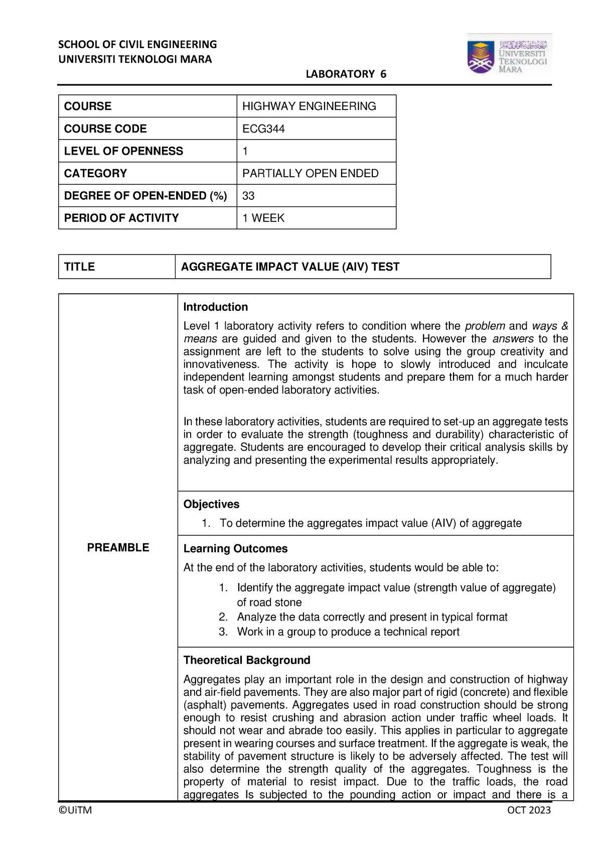 LAB 6 - Aggregate Impact Value (AIV) TEST (Level 1) - SCHOOL OF CIVIL ...