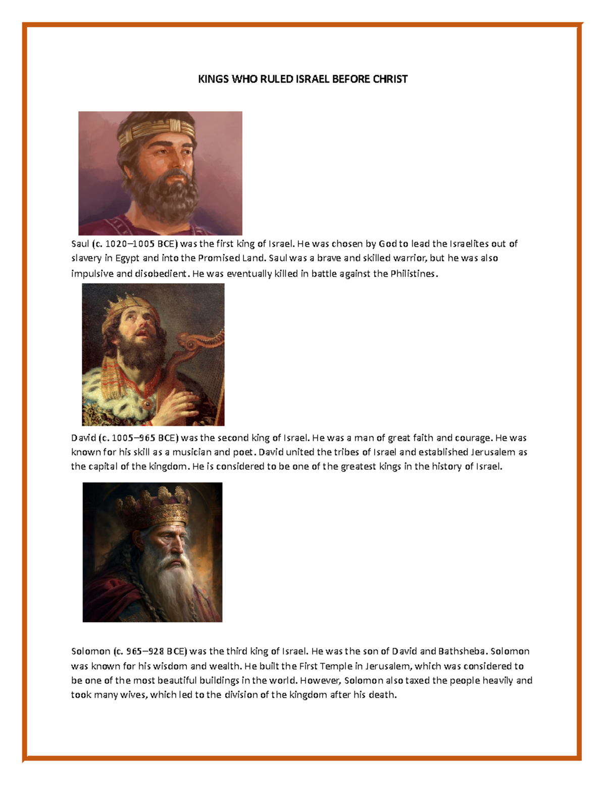 Kings who ruled Israel before Christ KINGS WHO RULED ISRAEL BEFORE