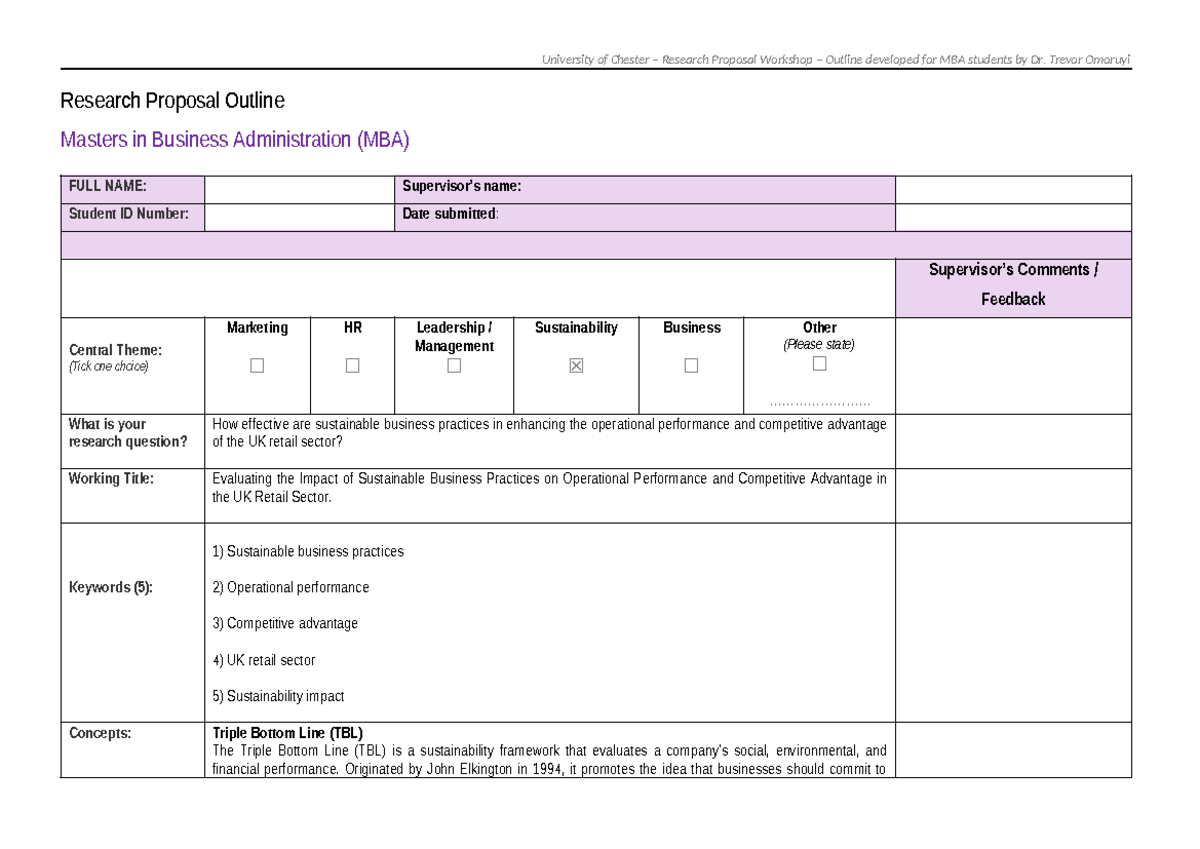 University of Chester MBA Research Proposal Outline of Workshops 8 1 ...