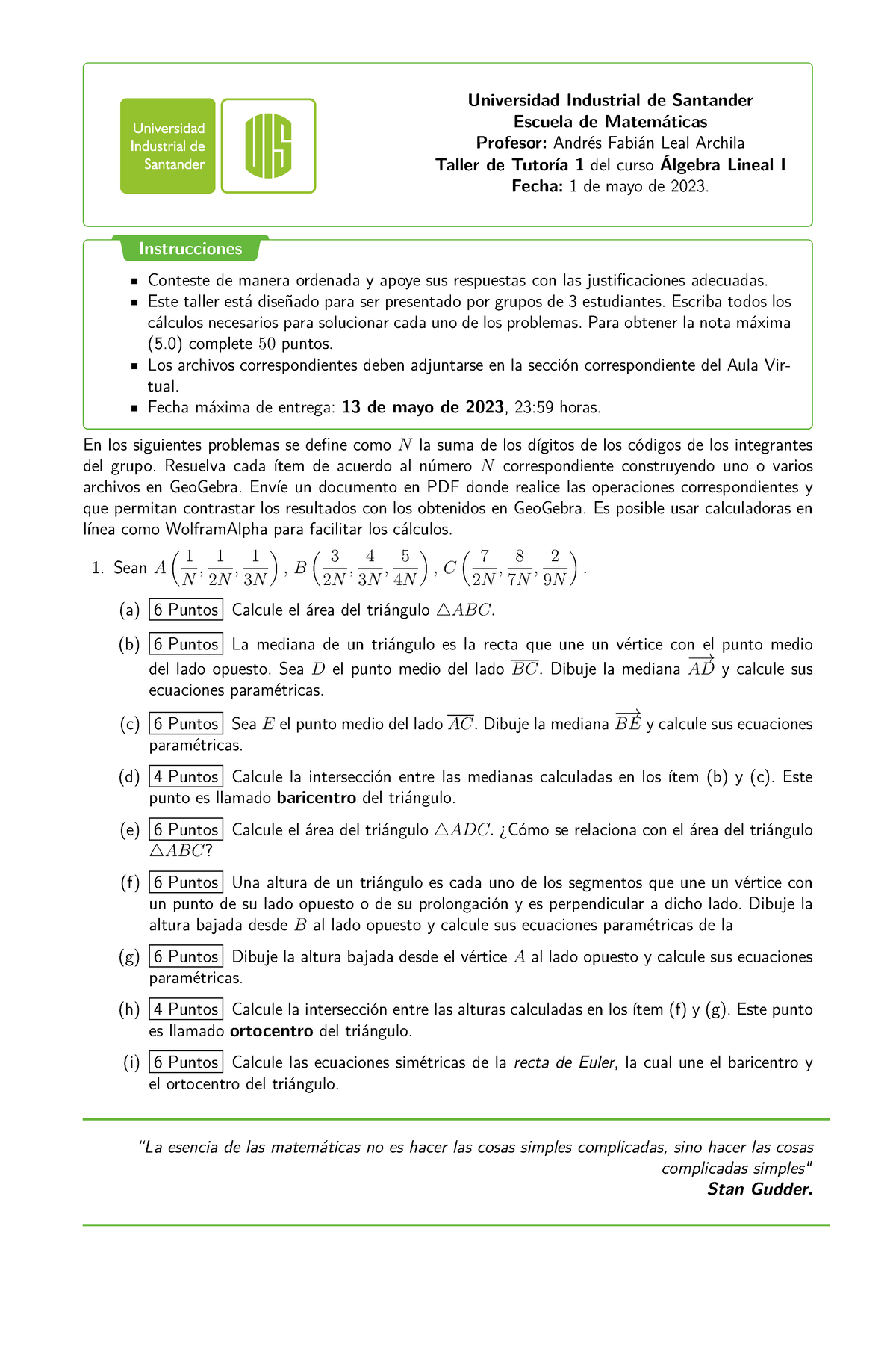 Taller De Tutoría 1 Del Curso Álgebra Lineal I - Universidad Industrial ...