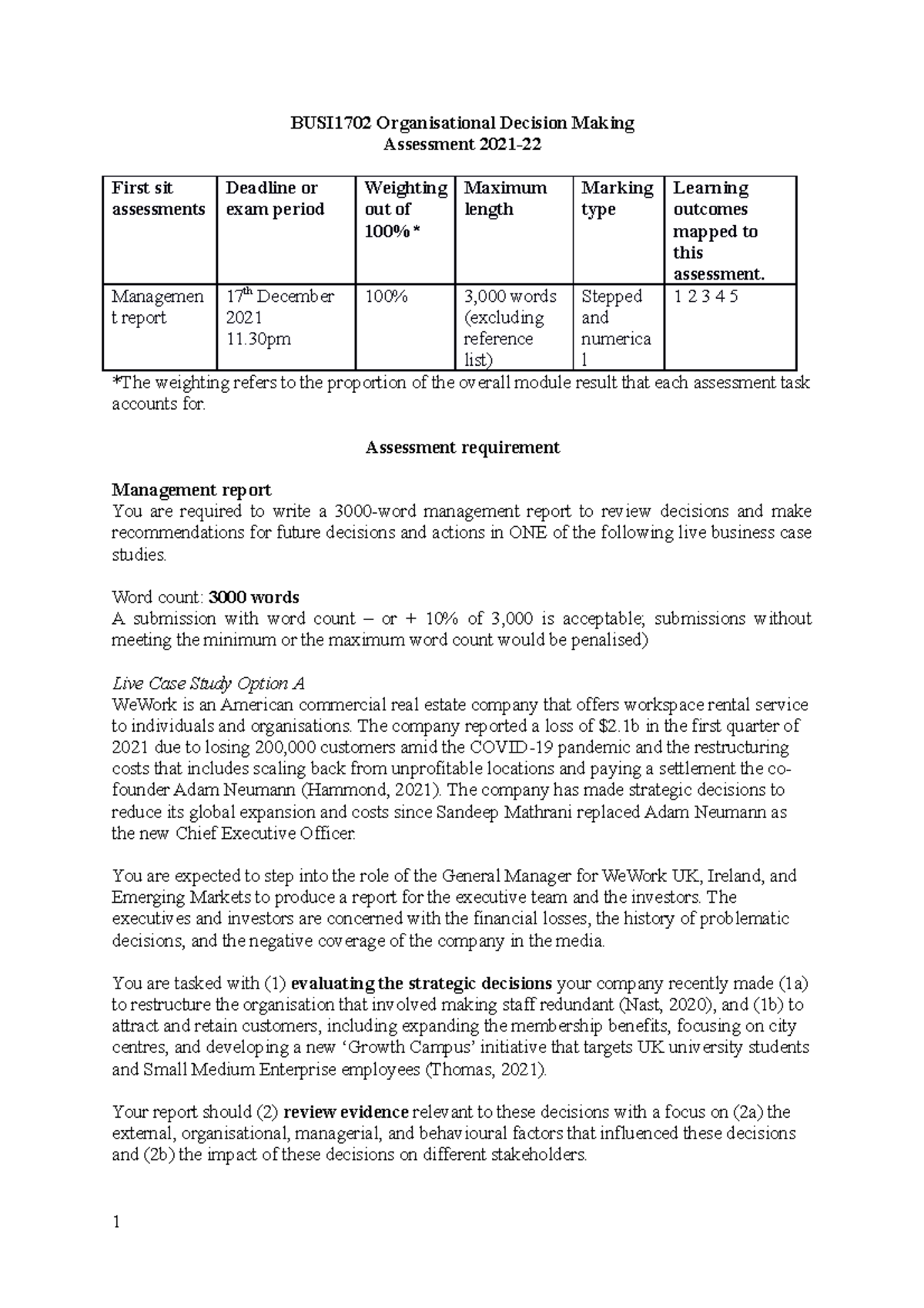 Busi1702 Assessment 2021 22 Busi1702 Organisational Decision Making Assessment 2021 First Sit 6546