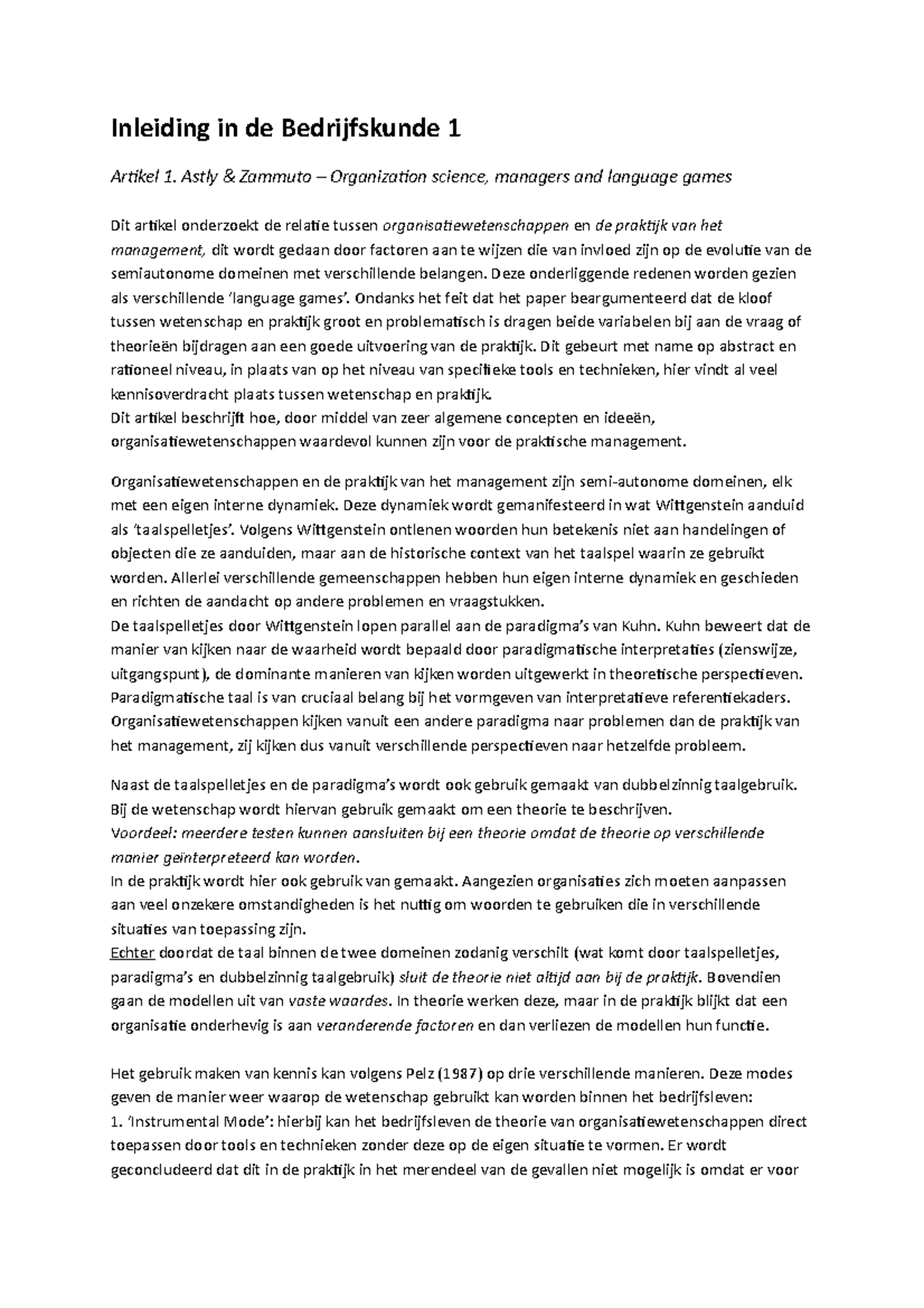 Samenvatting - Artikelen - Inleiding In De Bedrijfskunde 1 Artikel 1 ...