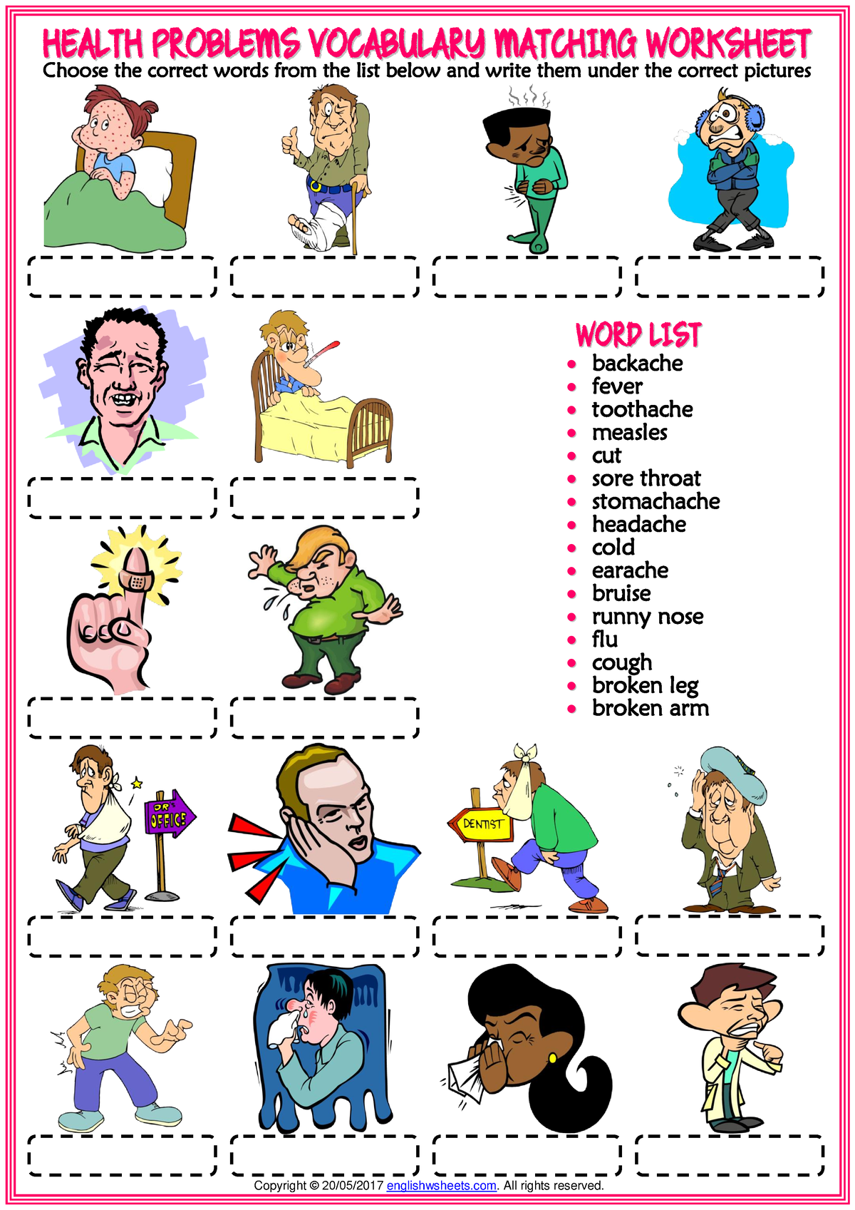 Health Problems Vocabulary Esl Matching Exercise Worksheet For Kids - H ...