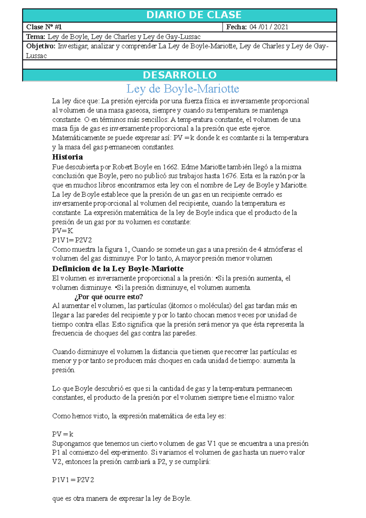 Diario De Clases 1 - primer dia - DIARIO DE CLASE Clase Nº #1 Fecha: 04 ...