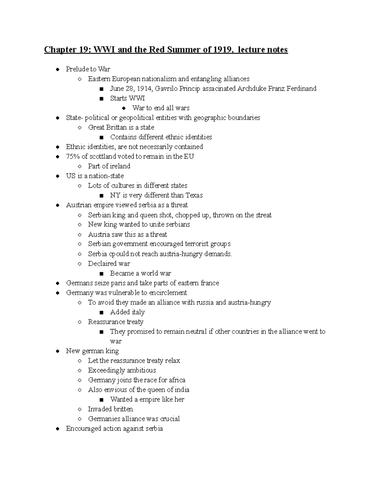 Unit 2 Chapter 19 WWI and the Red Summer of 1919, notes Chapter 19