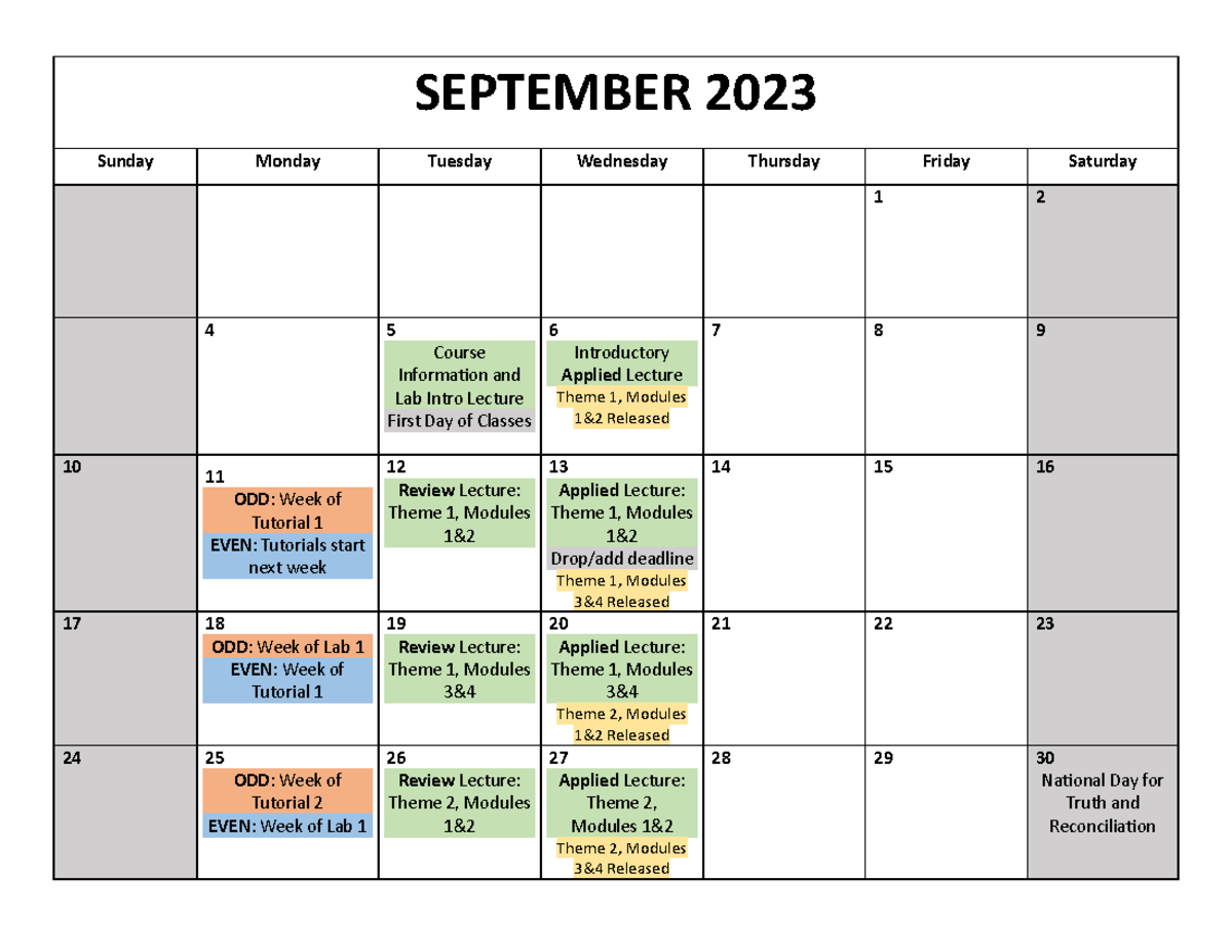 BIO1A03 F2023 Course Calendar - SEPTEMBER 2023 Sunday Monday Tuesday ...