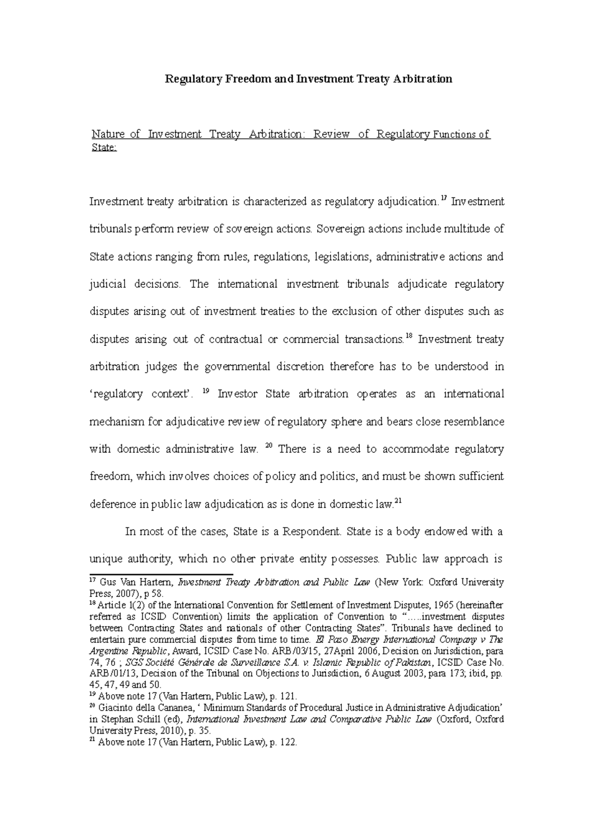 Regulatory Freedom and Investment Treaty Arbitration 17 Investment