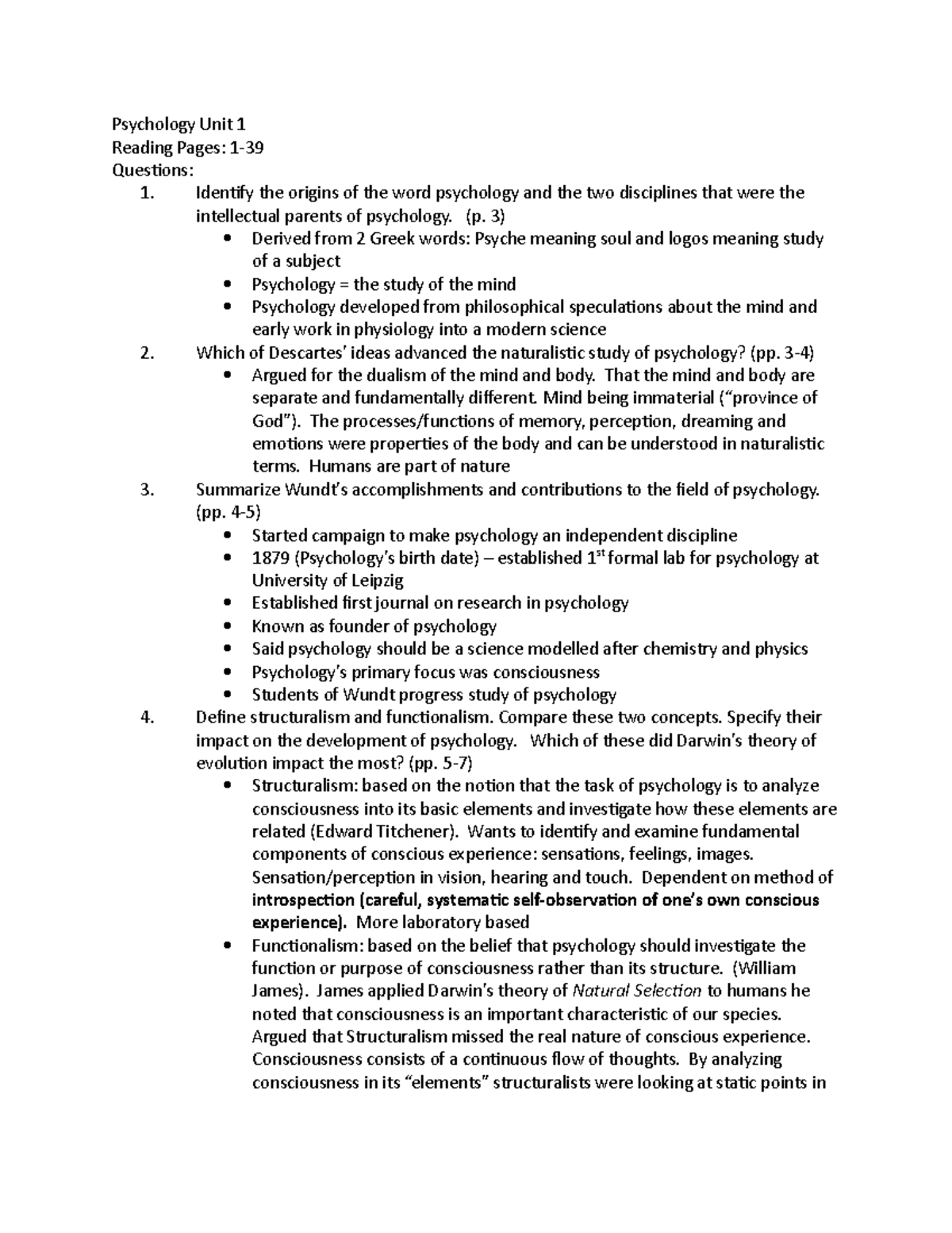 Psychology Unit 1-2019 - Psychology Unit 1 Reading Pages: Questions: 1 ...