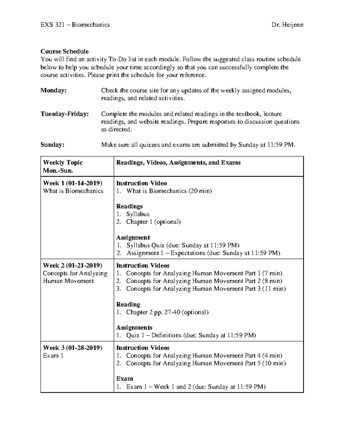 Course+Schedule+EXS+321-001+Spring+2019 +Heijnen - Course Schedule You ...