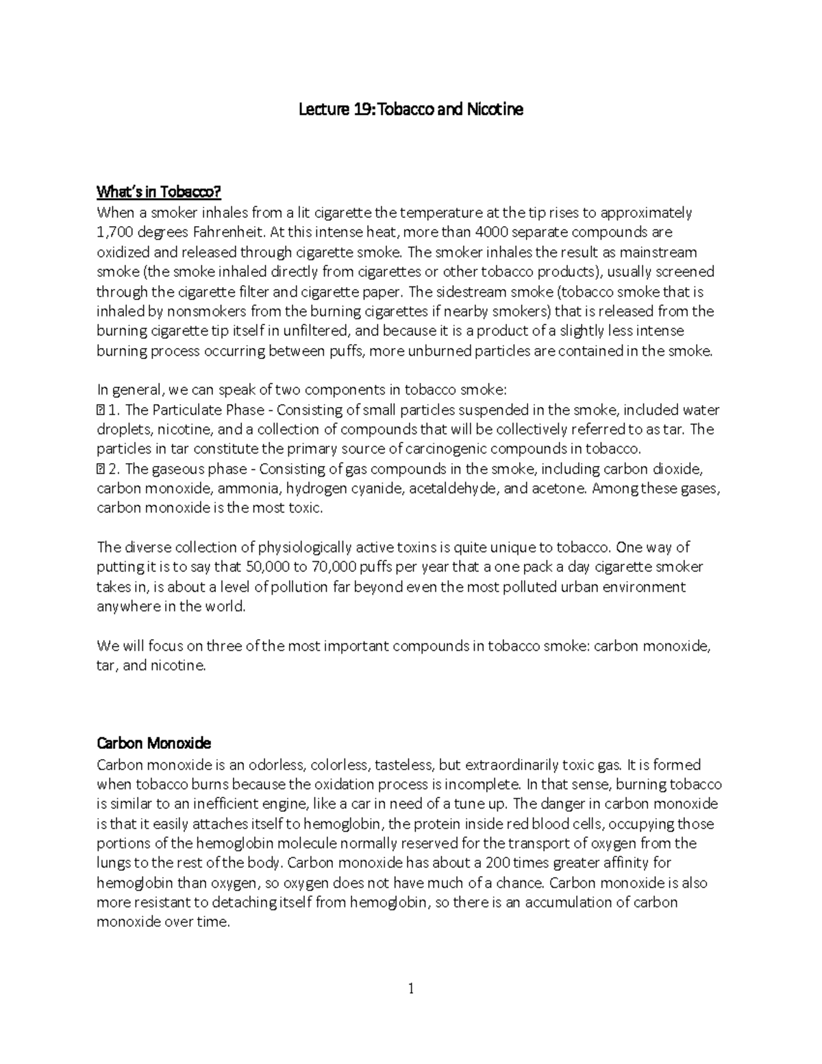 Lecture 21 Notes Tobacco - Lecture 19 : Tobacco and Nicotine What’s in ...