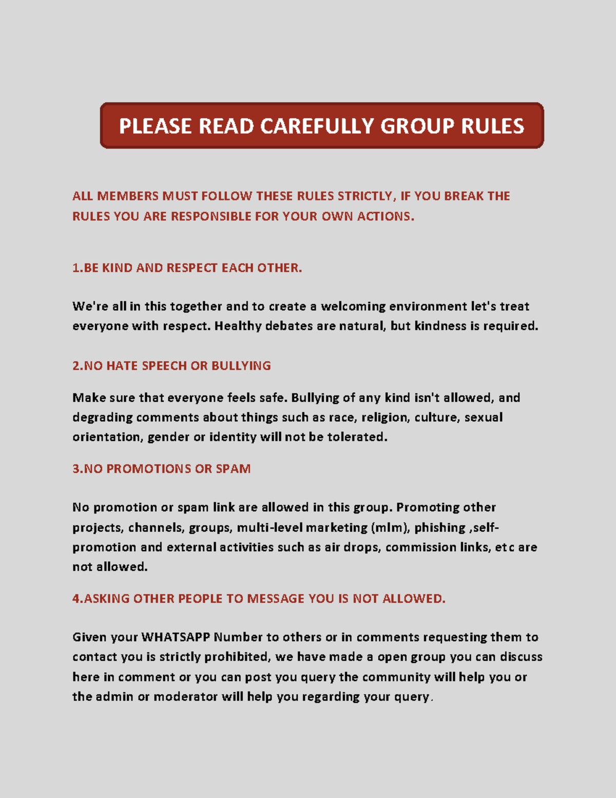 Group Rules - Srs - ALL MEMBERS MUST FOLLOW THESE RULES STRICTLY, IF ...