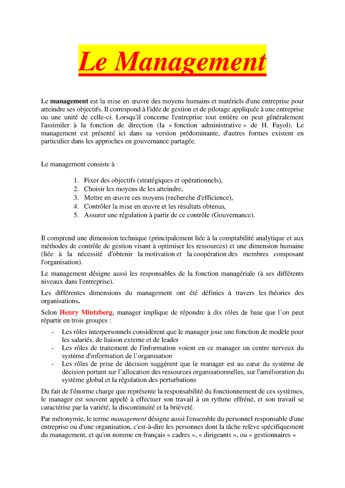 1 Cours Complet Le Management Concepts - Le Management Le Management ...