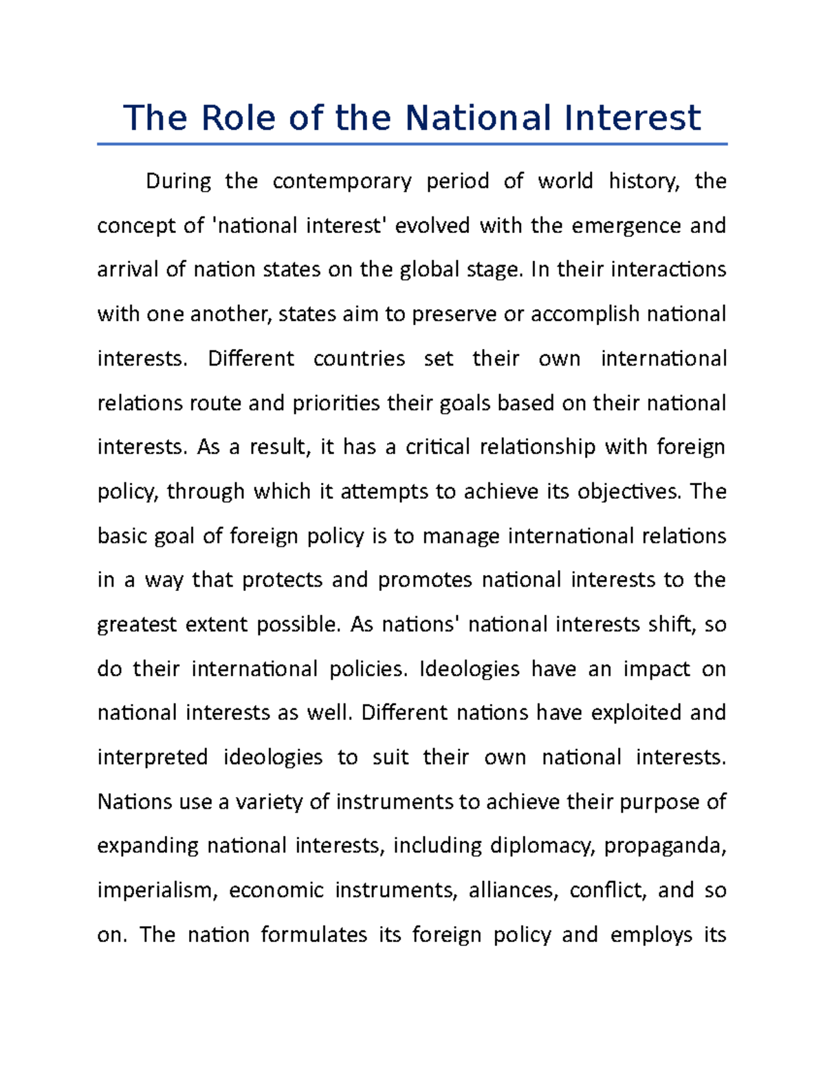 The Role of the National Interest In their interactions with one