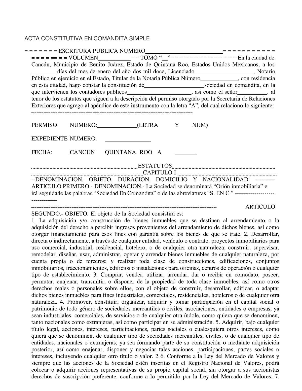 Acta Constitutiva En Comandita Simple Acta Constitutiva En Comandita