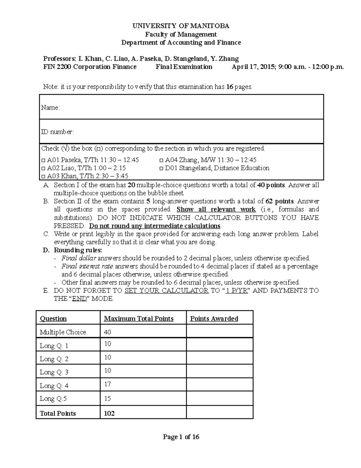 Sample Final 1 - UNIVERSITY OF MANITOBA Faculty of Management ...