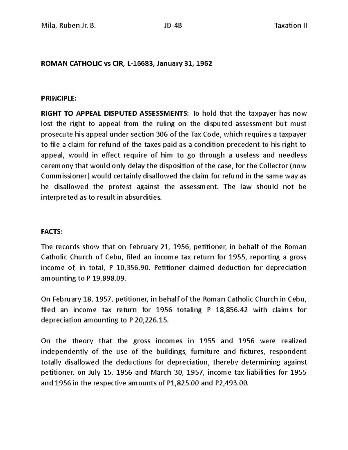 221. Roman Catholic Vs Cir, L-16683, January 31, 1962 - Roman Catholic 