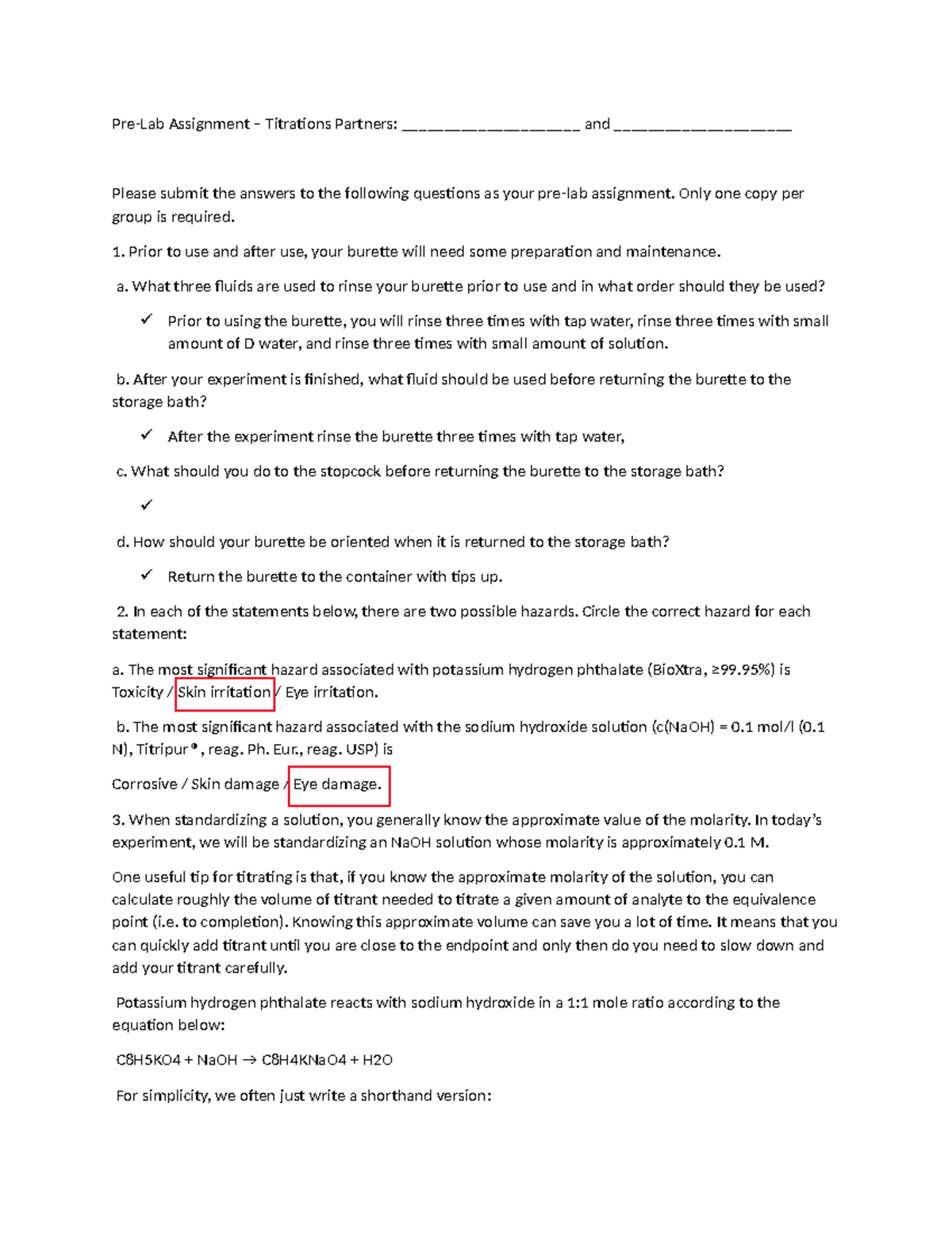 Pre PreLab Assignment Titrations PreLab Assignment Titrations