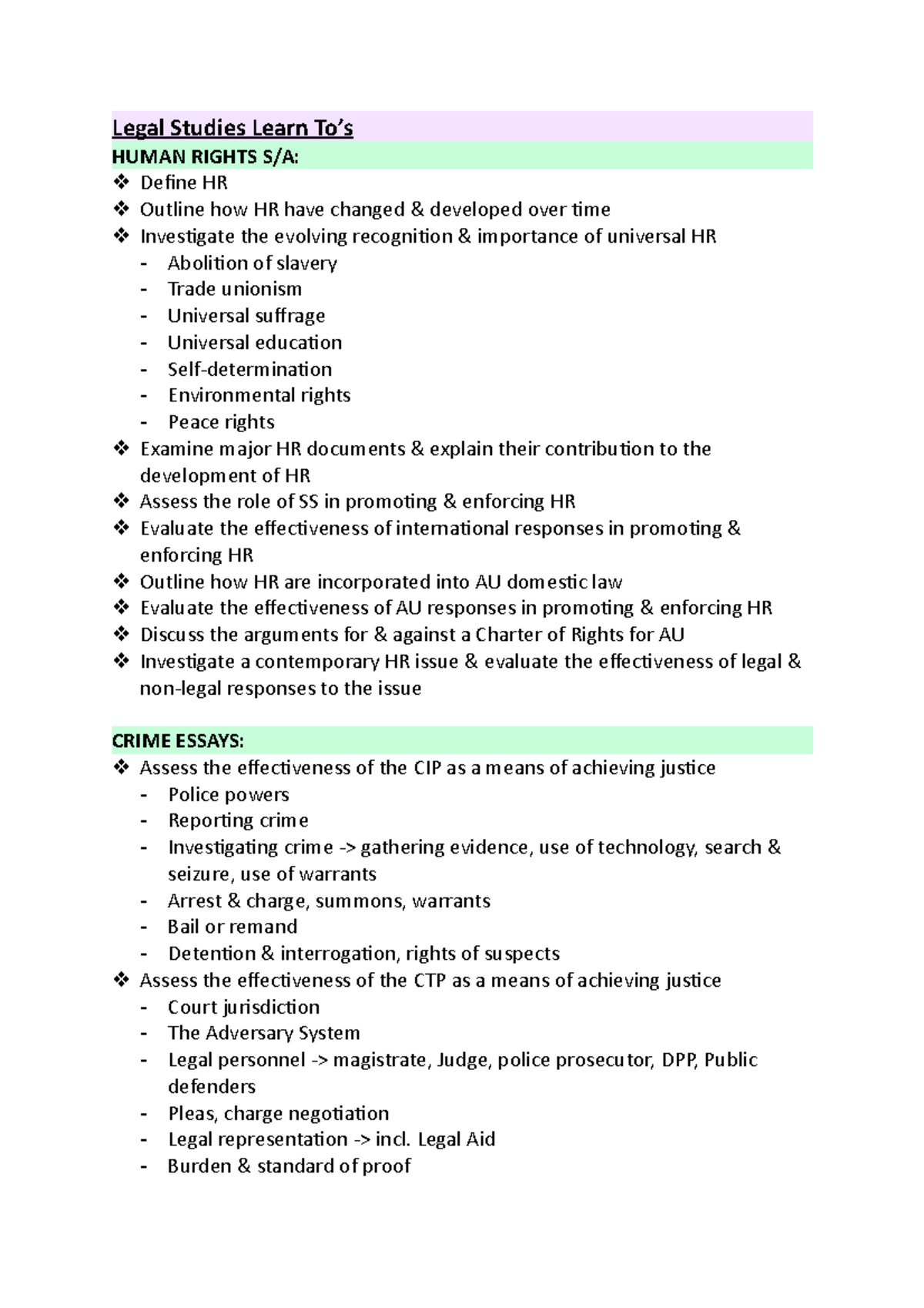 Legal Studies Learn To Q s Legal Studies Learn To’s HUMAN RIGHTS S/A