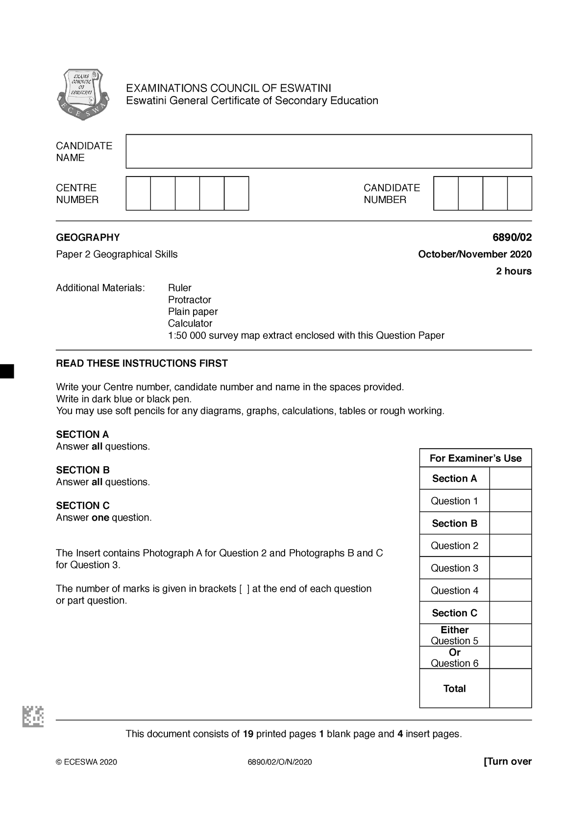 Geography Paper 2 6890-02 Qp - For Examiner’s Use Section A Question 1 