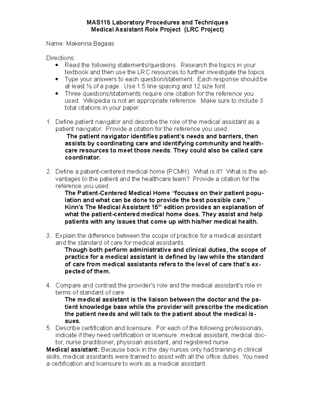 MAS115 Week 1 MA Role N/A MAS115 Laboratory Procedures and