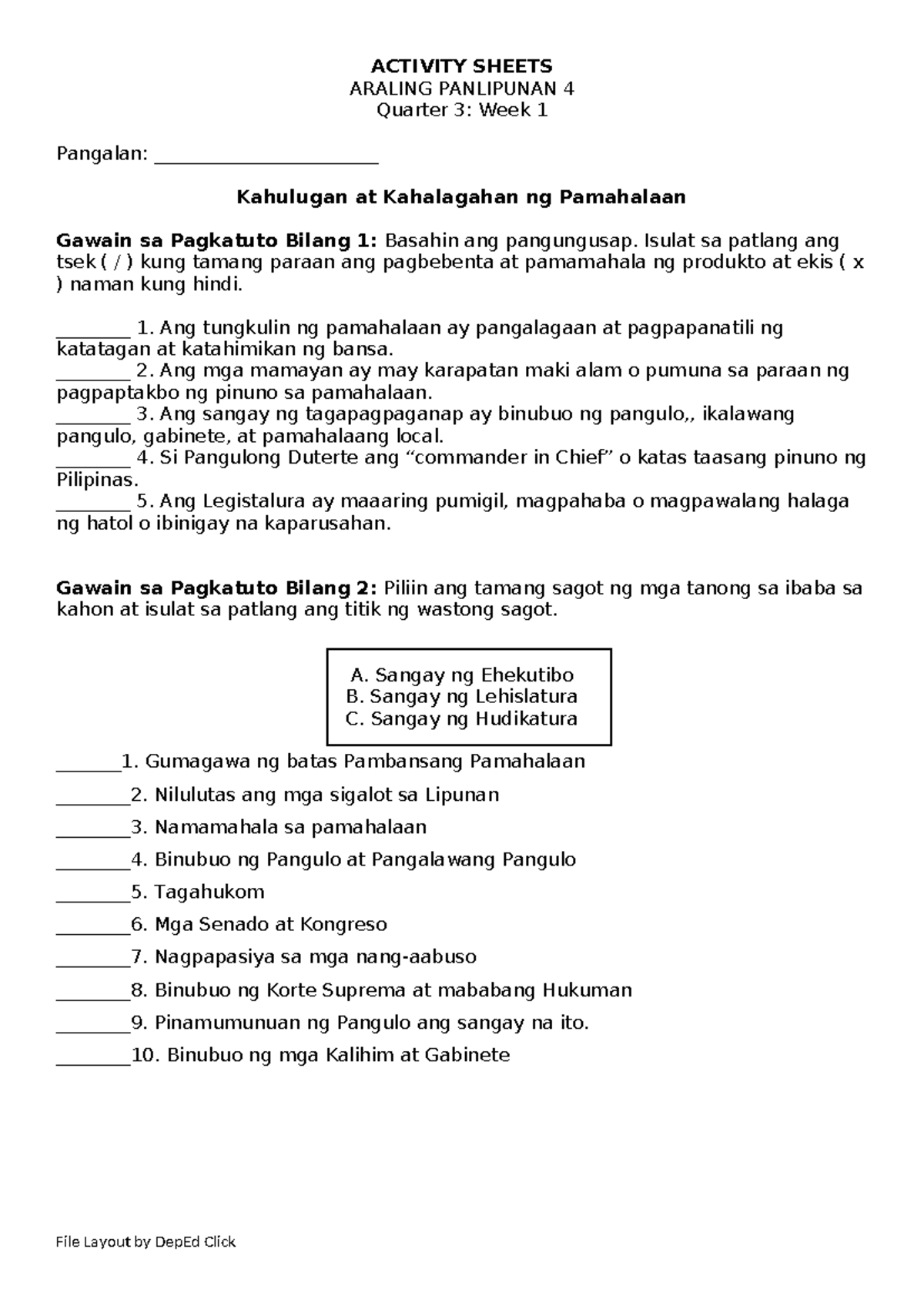 Ap 4 Activity Sheet Q3 W1 Activity Sheets Araling Panlipunan 4 Quarter 3 Week 1 Pangalan 2710