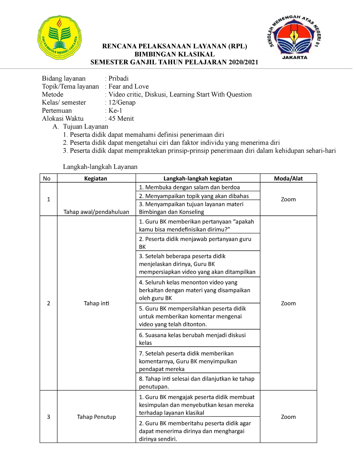 RPL FEAR AND LOVE Format 81 - RENCANA PELAKSANAAN LAYANAN (RPL ...