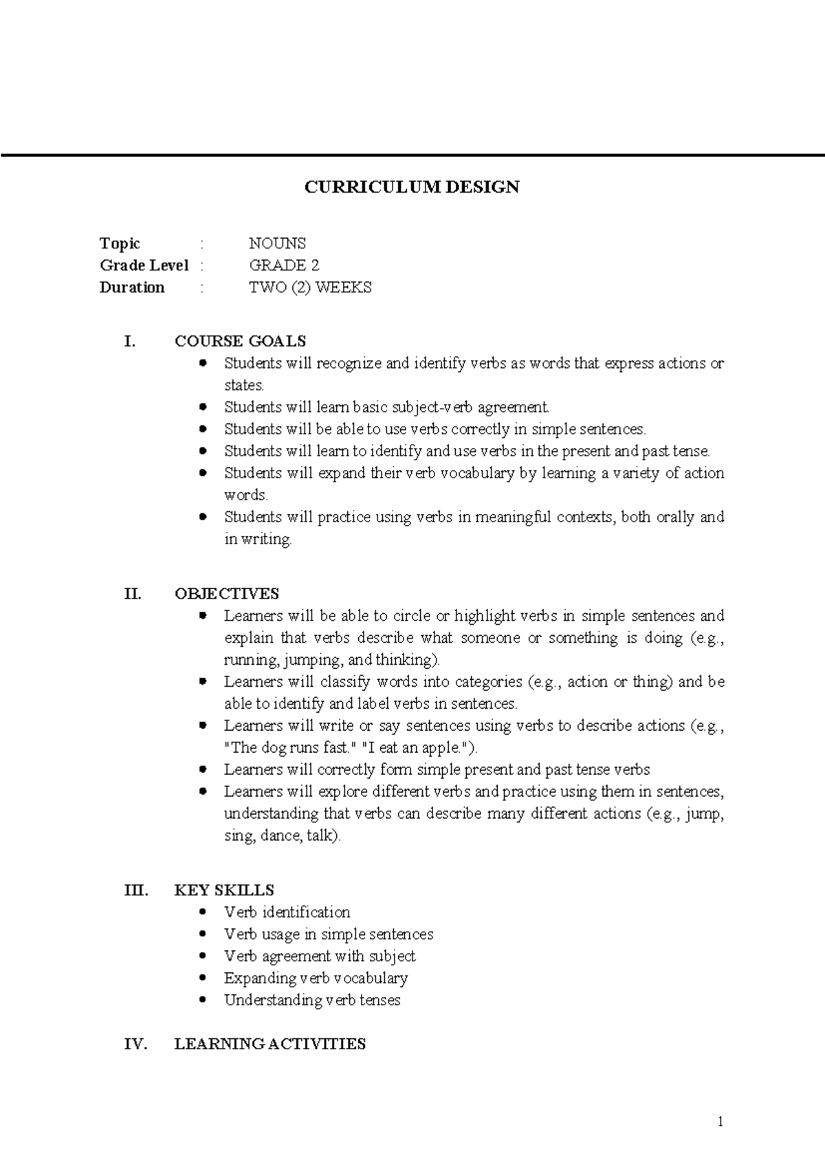 Curriculum Design - Copy - CURRICULUM DESIGN Topic : NOUNS Grade Level ...