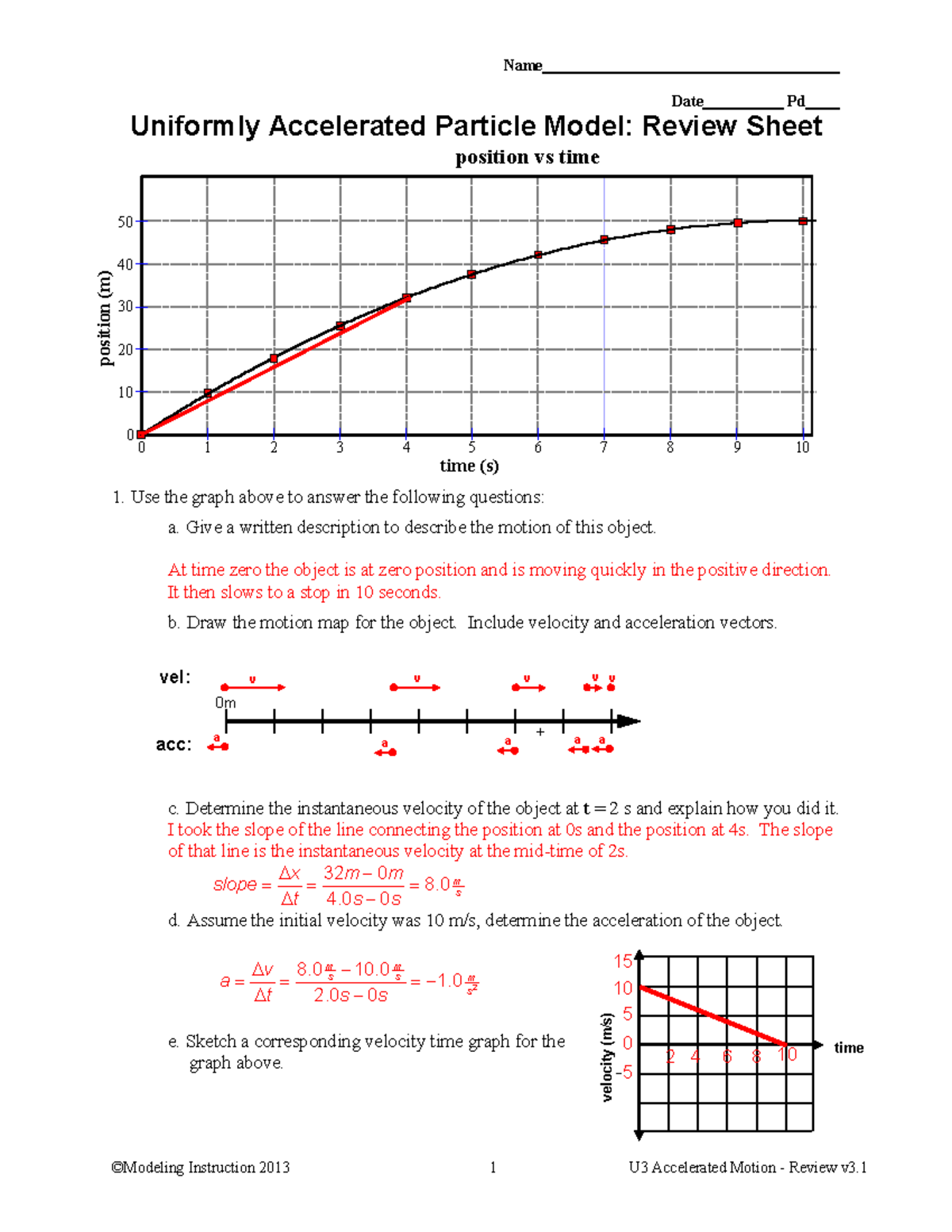 13 U3 review key Practice Name Date Pd Uniformly Accelerated Particle Model Review Sheet 1