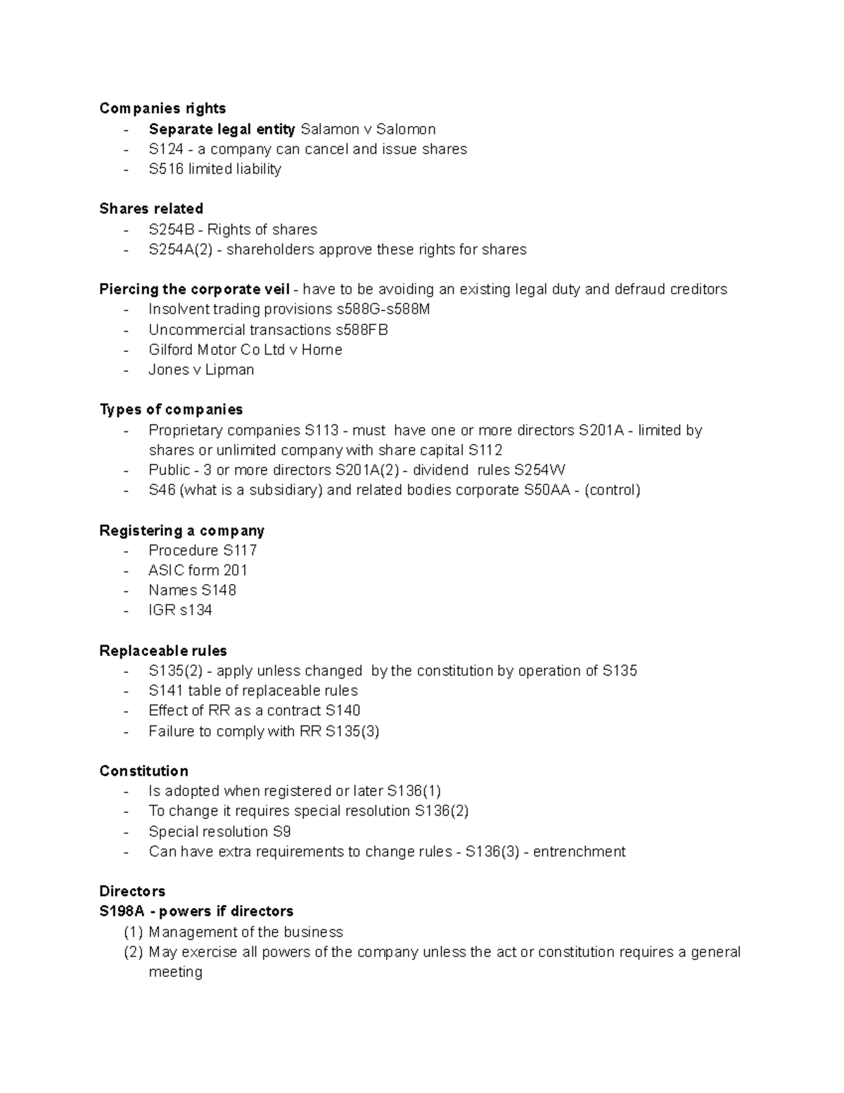 Sections for Corp Law - Companies rights - Separate legal entity ...