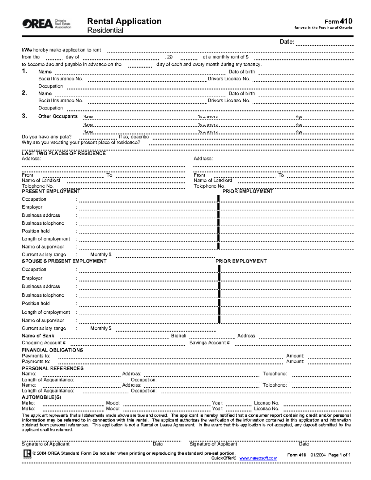 Ontario Residential Rental Application Form410 Rental Application