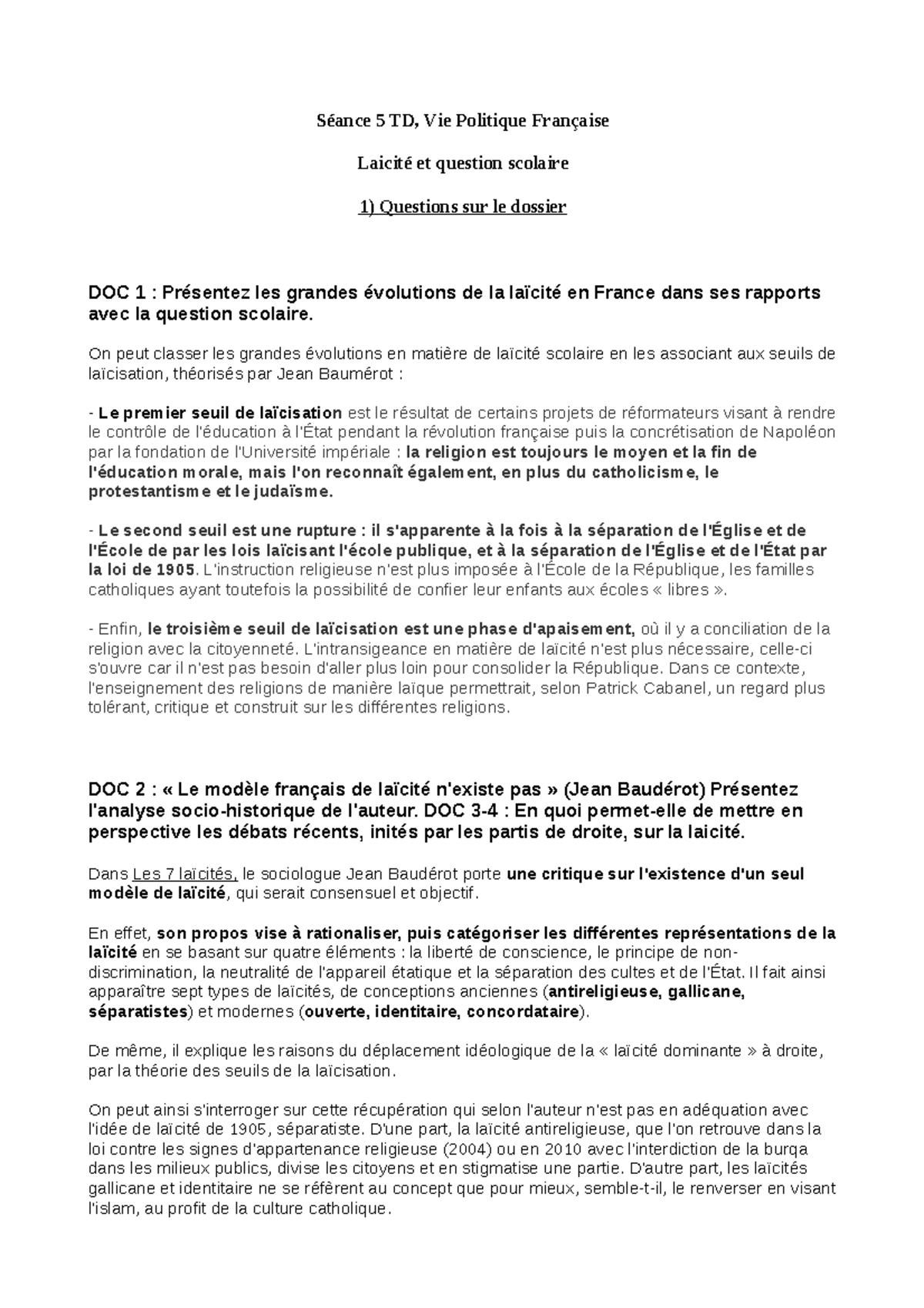 La Séparation De L église Et De L état Dissertation TD 5 Vie Politique Française - "Laicité" - Séance 5 TD, Vie Politique  Française Laicité et question - Studocu